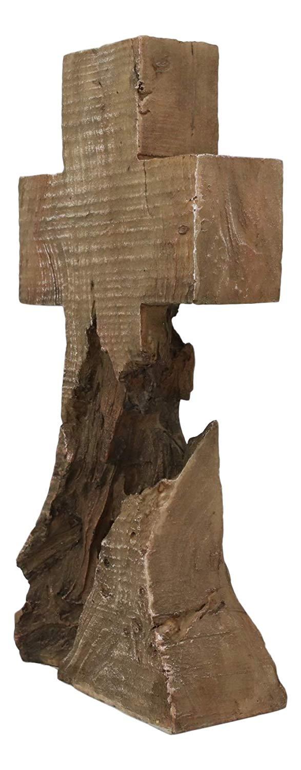 Ebros Gift Ebros Rustic Distressed Wood Trunk Root Cross On The Mountain Sculpture 11.75" H