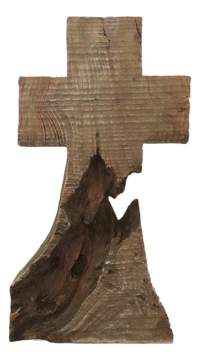 Ebros Gift Ebros Rustic Distressed Wood Trunk Root Cross On The Mountain Sculpture 11.75" H