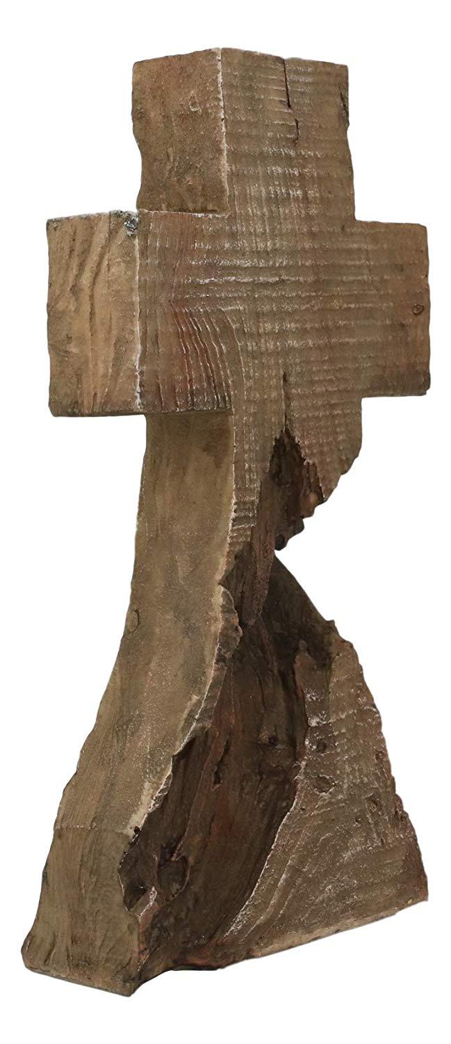 Ebros Gift Ebros Rustic Distressed Wood Trunk Root Cross On The Mountain Sculpture 11.75" H