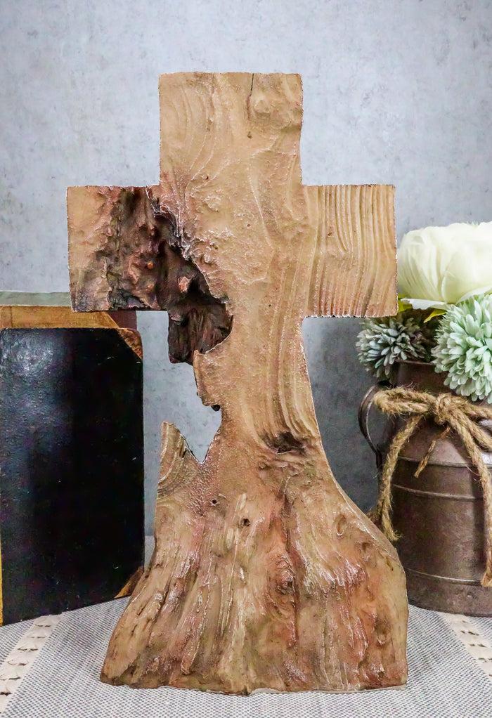 ebros gift Ebros Rustic Distressed Wood Trunk Root Cross On The Mountain Sculpture 11.75" H