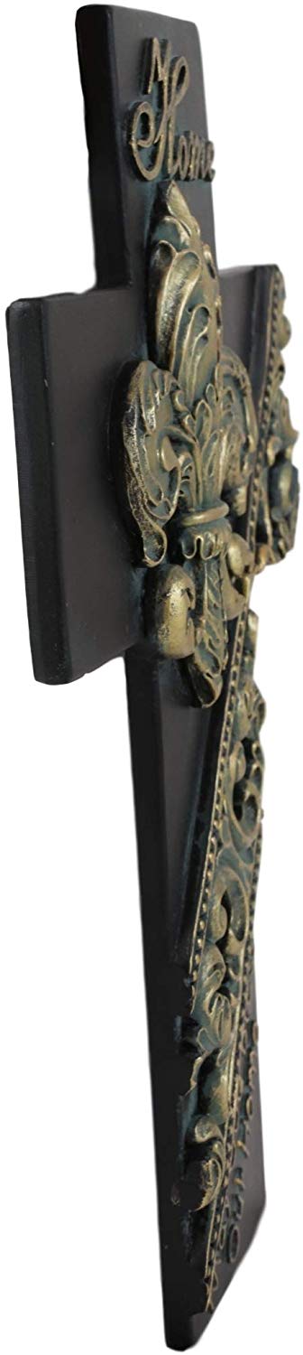 Ebros Gift Ebros Rustic Fleur De Lis With Tuscan Scroll Art May God Bless Our Home Wall Cross 10" Tall