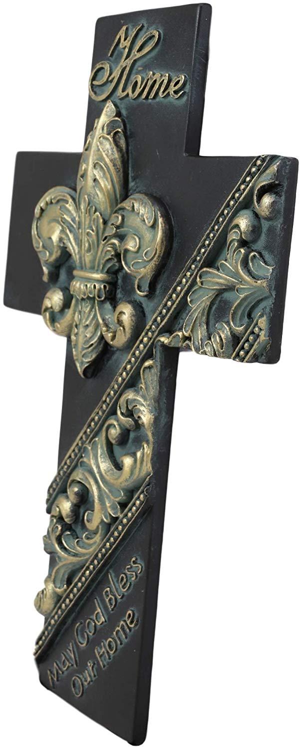 Ebros Gift Ebros Rustic Fleur De Lis With Tuscan Scroll Art May God Bless Our Home Wall Cross 10" Tall