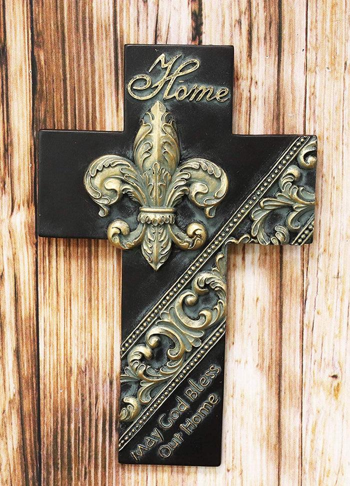 ebros gift Ebros Rustic Fleur De Lis with Tuscan Scroll Art May God Bless Our Home Wall Cross 10" Tall