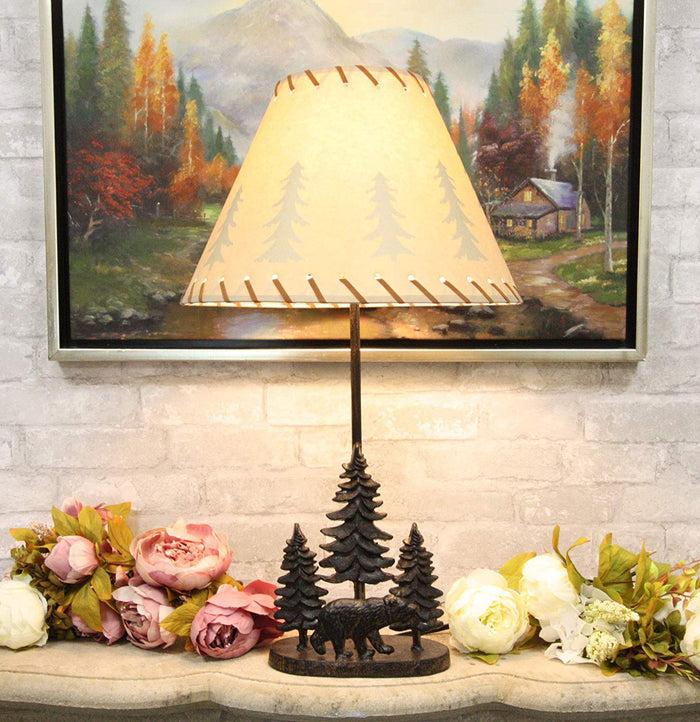 ebros gift Ebros Rustic Midnight Black Bear Roaming in Pine Trees Forest Metal Table Lamp Statue with Pine Tree Shadows Printed Shade 24.5"High Western Decor Bears Desktop Lamps