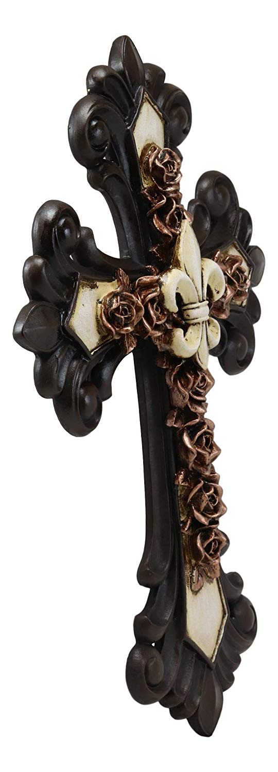 Ebros Gift Ebros Rustic Southwest Fleur De Lis On Faux Bronze Roses With Tuscan Scroll Art Wall Cross Decor Plaque Vintage Scrollwork Hanging Sculpture 14.5" Tall Catholic Christian Accent Decorative Crosses