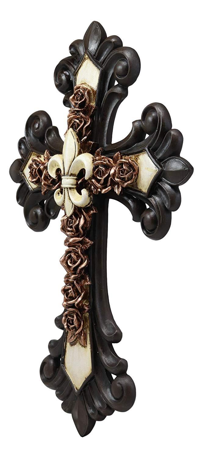 Ebros Gift Ebros Rustic Southwest Fleur De Lis On Faux Bronze Roses With Tuscan Scroll Art Wall Cross Decor Plaque Vintage Scrollwork Hanging Sculpture 14.5" Tall Catholic Christian Accent Decorative Crosses