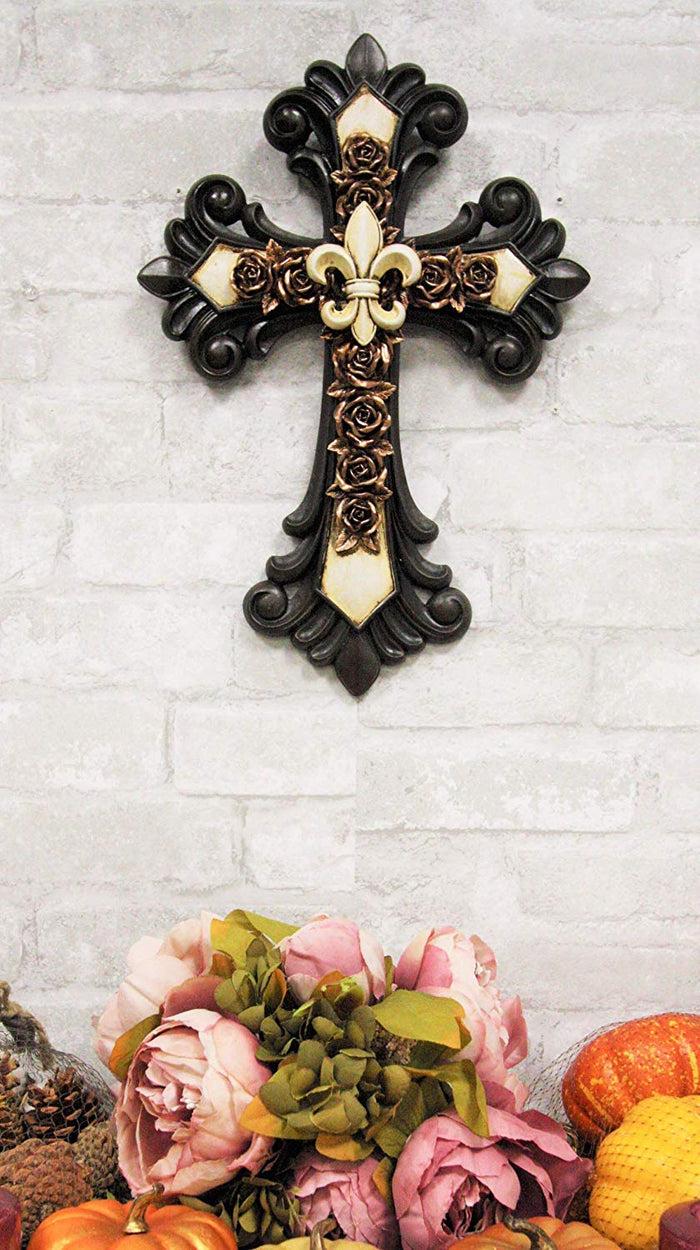 ebros gift Ebros Rustic Southwest Fleur De Lis On Faux Bronze Roses with Tuscan Scroll Art Wall Cross Decor Plaque Vintage Scrollwork Hanging Sculpture 14.5" Tall Catholic Christian Accent Decorative Crosses