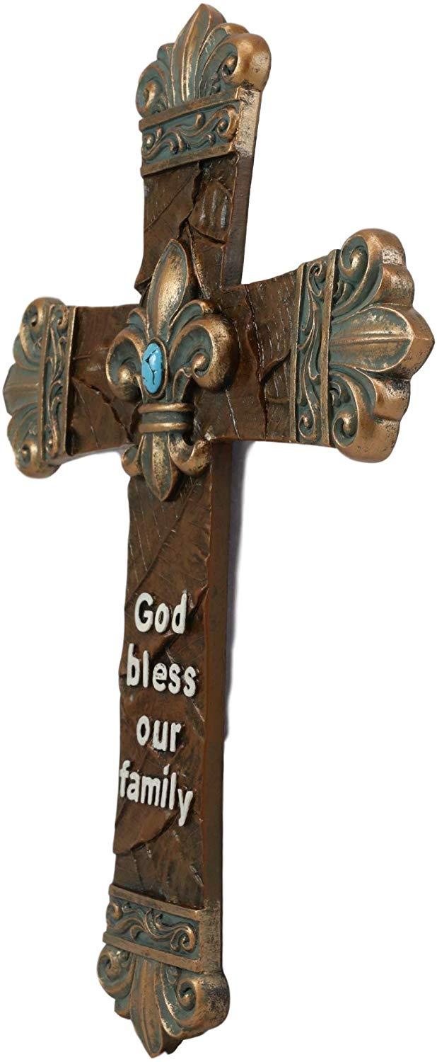 Ebros Gift Ebros Rustic Southwest Fleur De Lis With Turquoise Gem Tuscan Scroll Art Cross