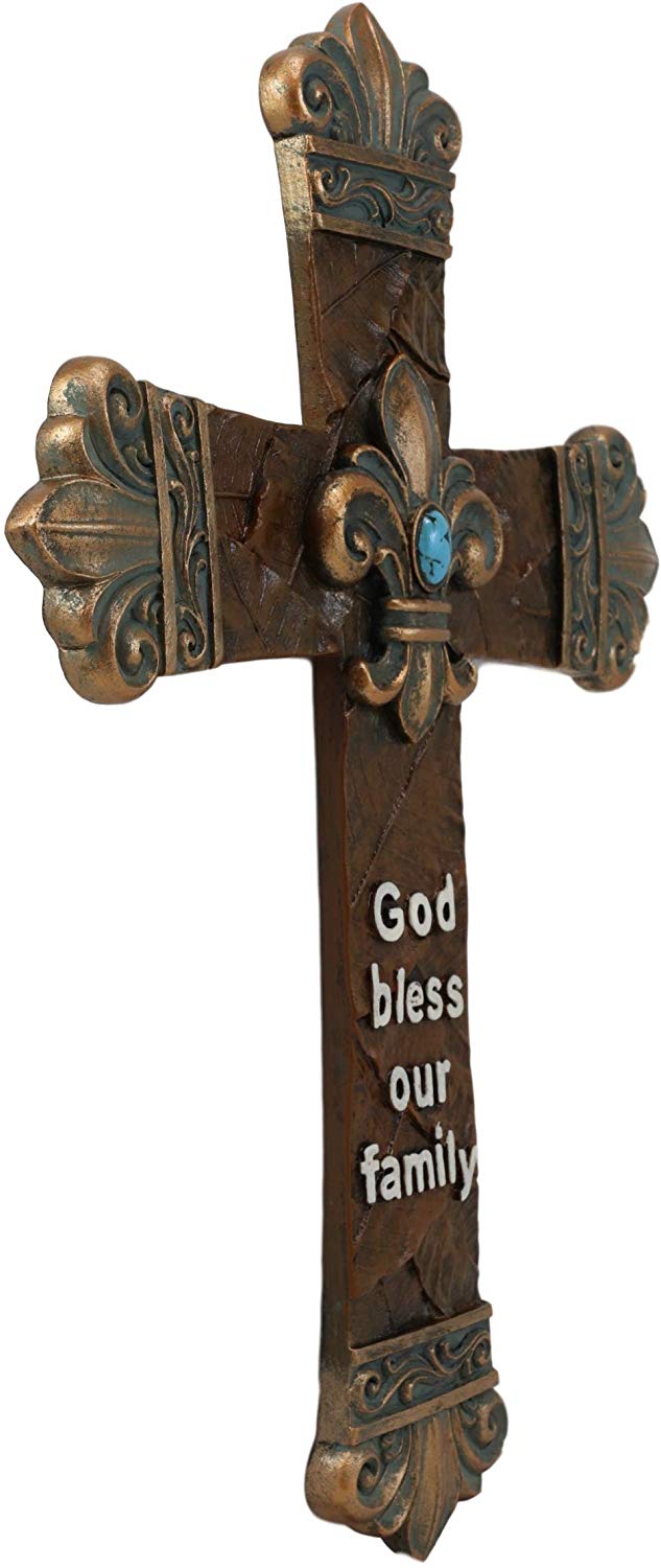 Ebros Gift Ebros Rustic Southwest Fleur De Lis With Turquoise Gem Tuscan Scroll Art Cross