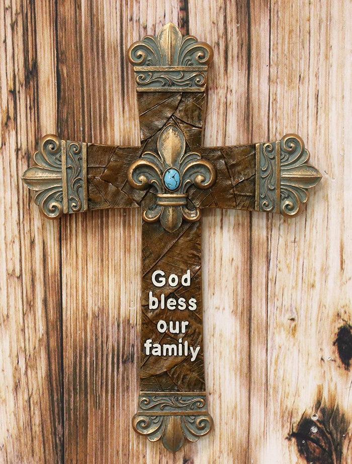 ebros gift Ebros Rustic Southwest Fleur De Lis with Turquoise Gem Tuscan Scroll Art Cross