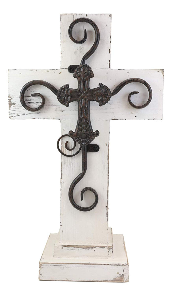 Ebros Gift Ebros Rustic Standing Cross Statue With Iron Metal Scroll Fleury Cross 16.25" H