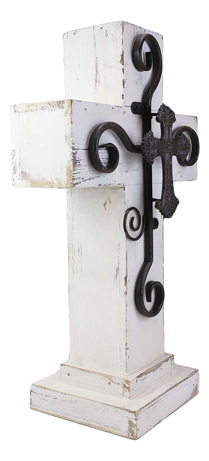 Ebros Gift Ebros Rustic Standing Cross Statue With Iron Metal Scroll Fleury Cross 16.25" H