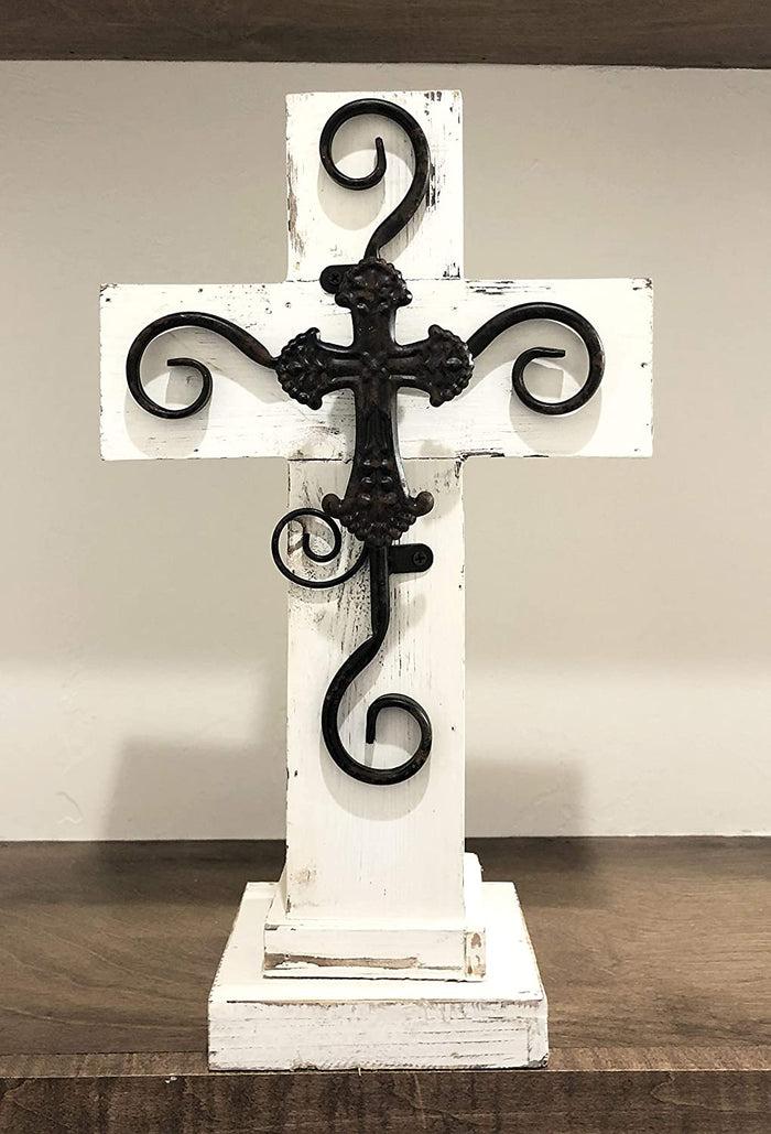 ebros gift Ebros Rustic Standing Cross Statue with Iron Metal Scroll Fleury Cross 16.25" H
