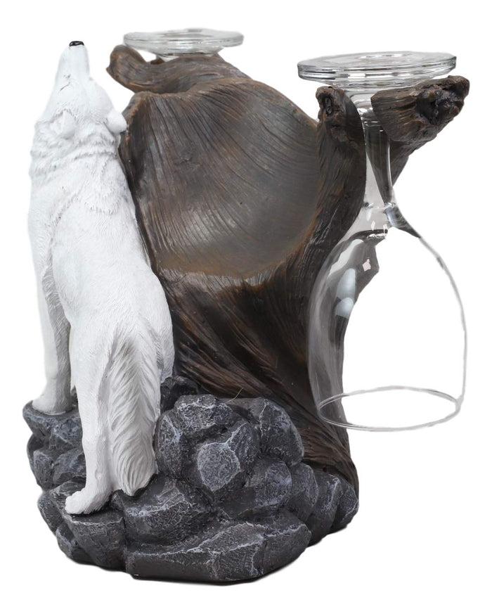 Ebros Gift Ebros Rustic Tundra Woodlands Howling Arctic White Snow Wolf Wine Valet Statue As Bottle And 2 Glasses Holder 9.5" Wide Spirit Totem Full Moon Direwolf Timberwolf Decor Caddy Organizer Sculpture