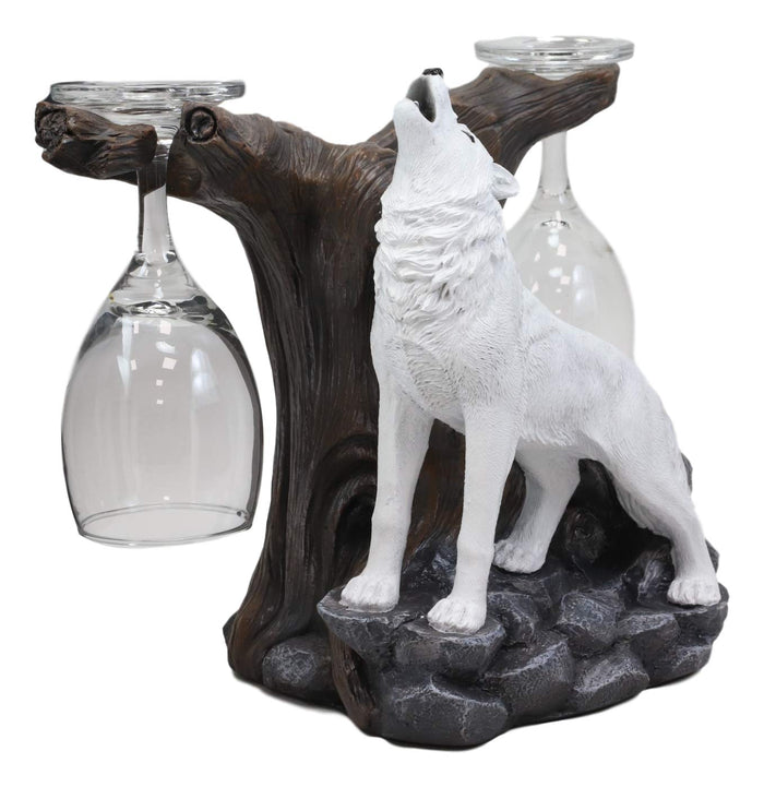 Ebros Gift Ebros Rustic Tundra Woodlands Howling Arctic White Snow Wolf Wine Valet Statue As Bottle And 2 Glasses Holder 9.5" Wide Spirit Totem Full Moon Direwolf Timberwolf Decor Caddy Organizer Sculpture