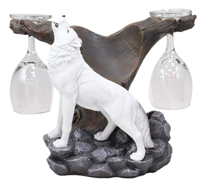 ebros gift Ebros Rustic Tundra Woodlands Howling Arctic White Snow Wolf Wine Valet Statue As Bottle and 2 Glasses Holder 9.5" Wide Spirit Totem Full Moon Direwolf Timberwolf Decor Caddy Organizer Sculpture
