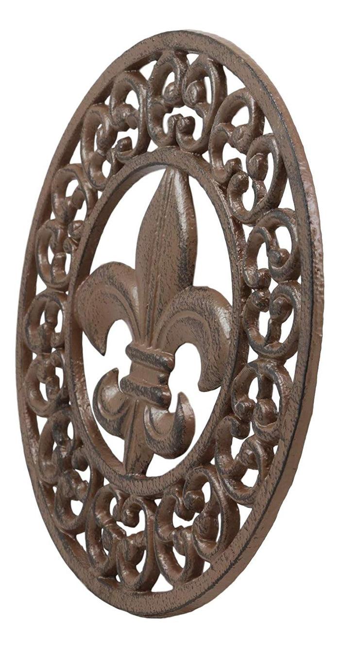Ebros Gift Ebros Rustic Vintage Design Round Fleur De Lis Medallion Cast Iron Trivet 10"Diameter