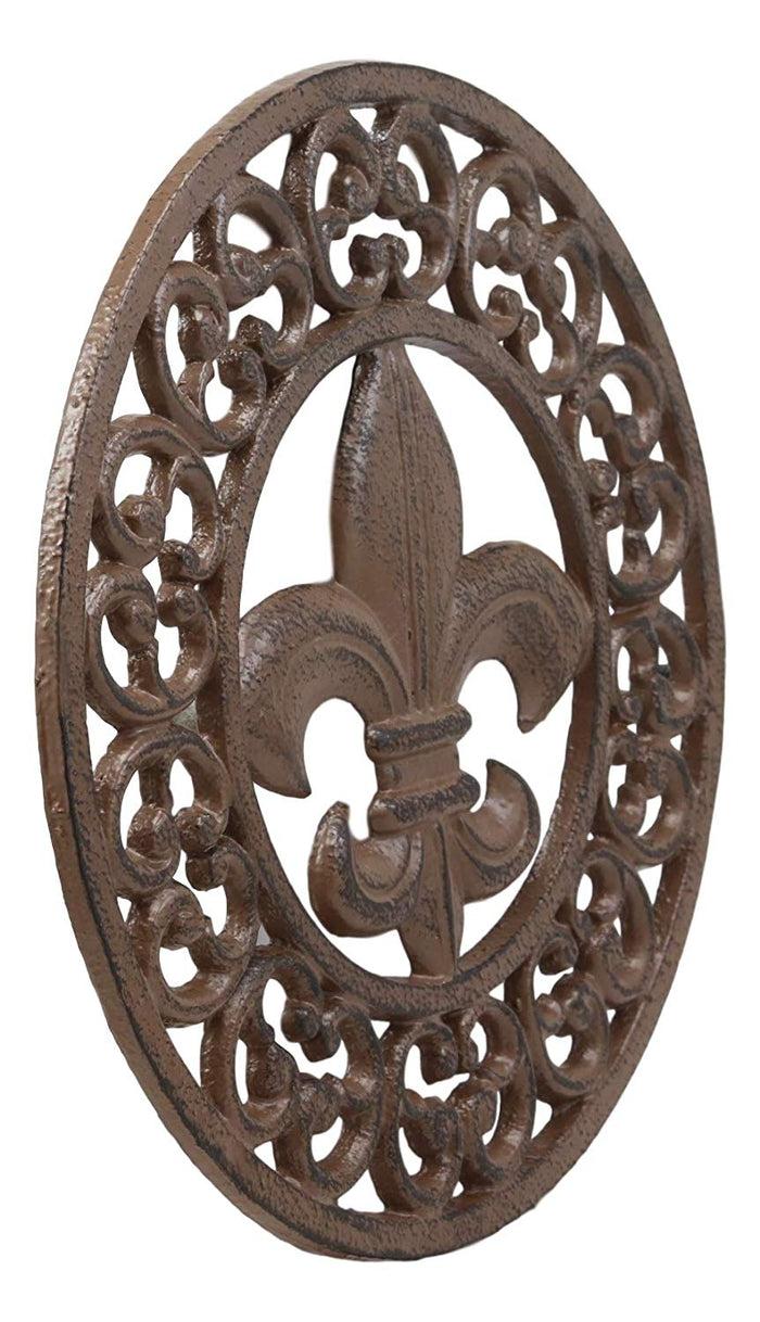 Ebros Gift Ebros Rustic Vintage Design Round Fleur De Lis Medallion Cast Iron Trivet 10"Diameter