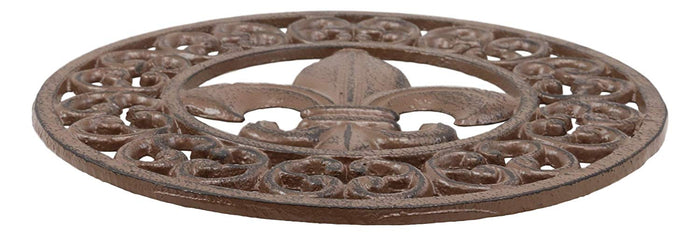 Ebros Gift Ebros Rustic Vintage Design Round Fleur De Lis Medallion Cast Iron Trivet 10"Diameter