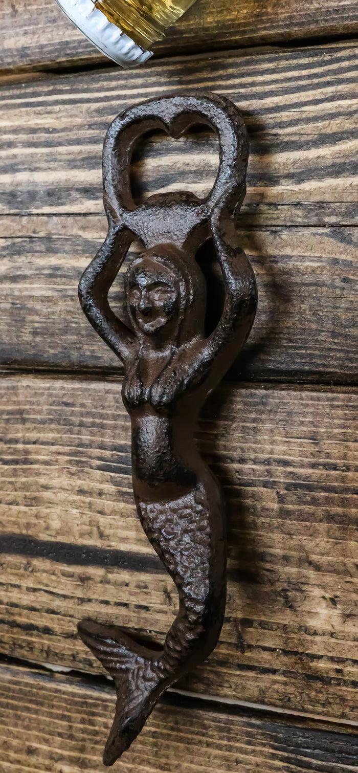Ebros Gift Ebros Rustic Vintage Heavy Duty Cast Iron Metal Nautical Coastal Goddess Siren Mermaid Soda Beer Bottle Cap Opener 7" High Mermaids Under The Sea Party Decor Accent (4)