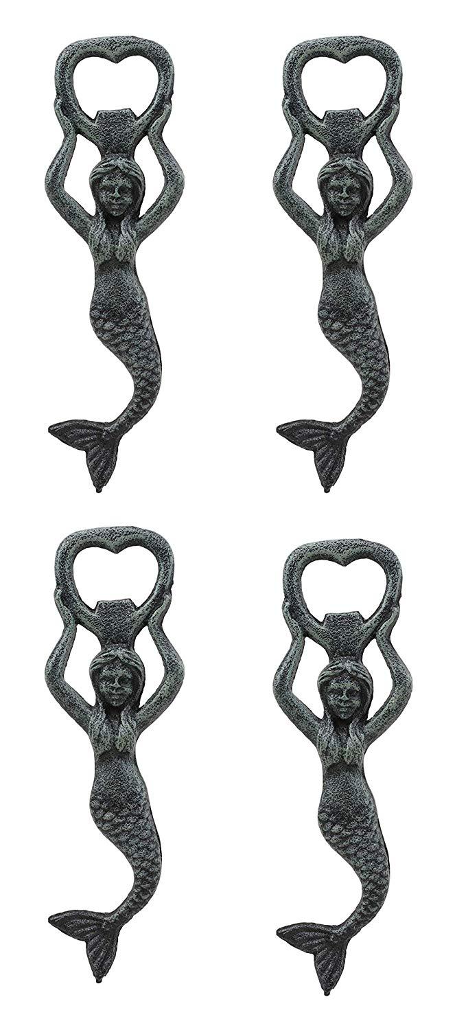 ebros gift Ebros Rustic Vintage Verdigris Cast Iron Metal Nautical Coastal Goddess Siren Mermaid Soda Beer Bottle Cap Opener 7.5" High Mermaids Under The Sea Party Decor Accent (4)