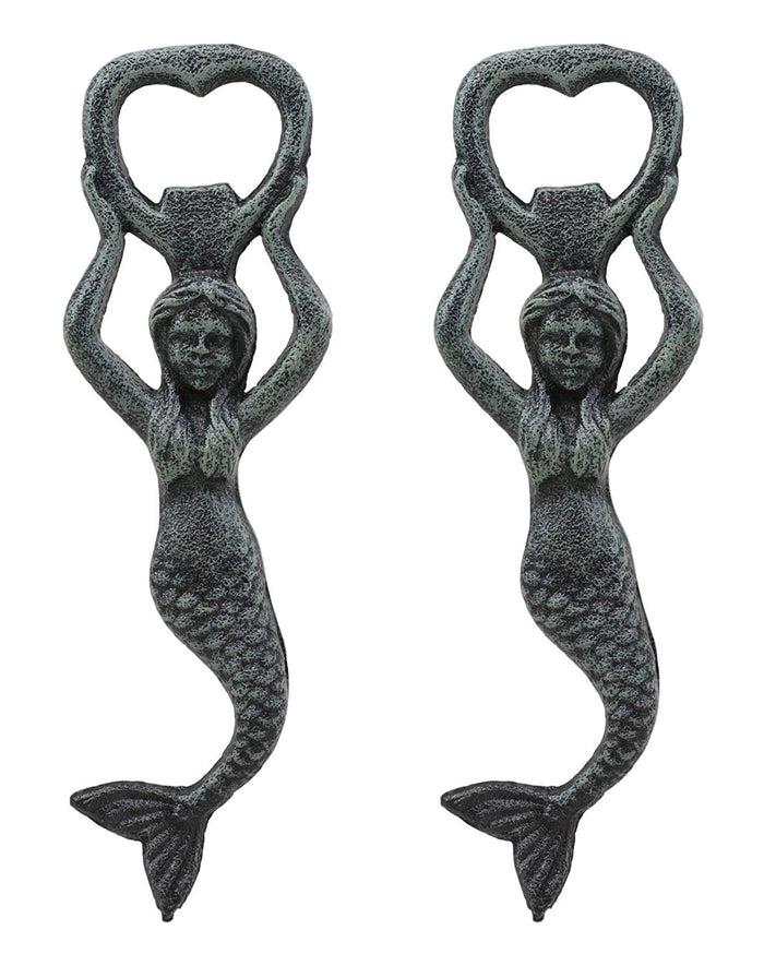 ebros gift Ebros Rustic Vintage Verdigris Cast Iron Metal Nautical Coastal Goddess Siren Mermaid Soda Beer Bottle Cap Opener 7.5" High Mermaids Under The Sea Party Decor Accent (2)