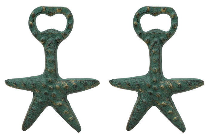 ebros gift Ebros Rustic Vintage Verdigris Green Cast Iron Metal Nautical Coastal Sea Star Starfish Soda Beer Bottle Cap Opener 5.5" High Tide Beach Coral Echinoderms Party Hosting Decor Accent Accessory (2)