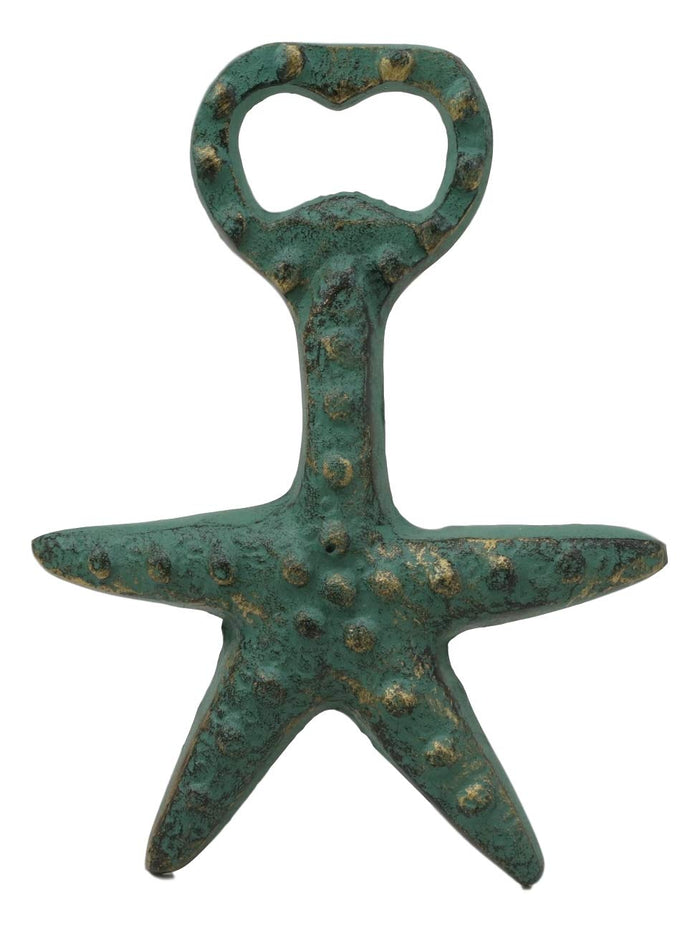 ebros gift Ebros Rustic Vintage Verdigris Green Cast Iron Metal Nautical Coastal Sea Star Starfish Soda Beer Bottle Cap Opener 5.5" High Tide Beach Coral Echinoderms Party Hosting Decor Accent Accessory (1)