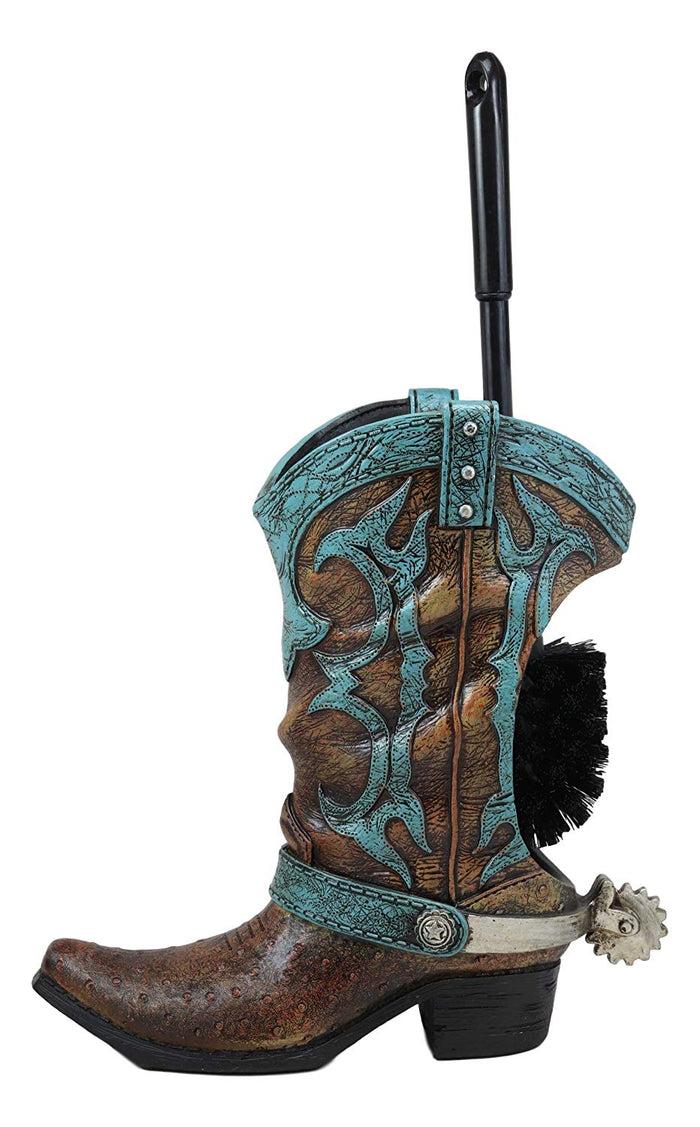 Ebros Gift Ebros Rustic Vintage Western Turquoise Faux Leather Cowboy Boot With Spur Toilet Bowl Cleaner Brush And Base Holder 16.5" Tall Bathroom Gift 2 Piece Set Cowboys Cowgirls Boots Accent Decor