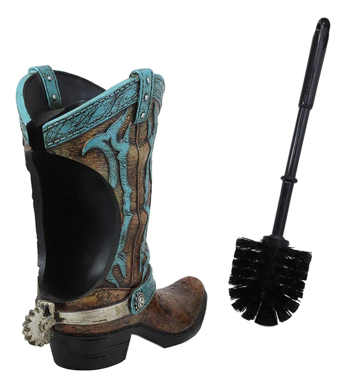 Ebros Gift Ebros Rustic Vintage Western Turquoise Faux Leather Cowboy Boot With Spur Toilet Bowl Cleaner Brush And Base Holder 16.5" Tall Bathroom Gift 2 Piece Set Cowboys Cowgirls Boots Accent Decor