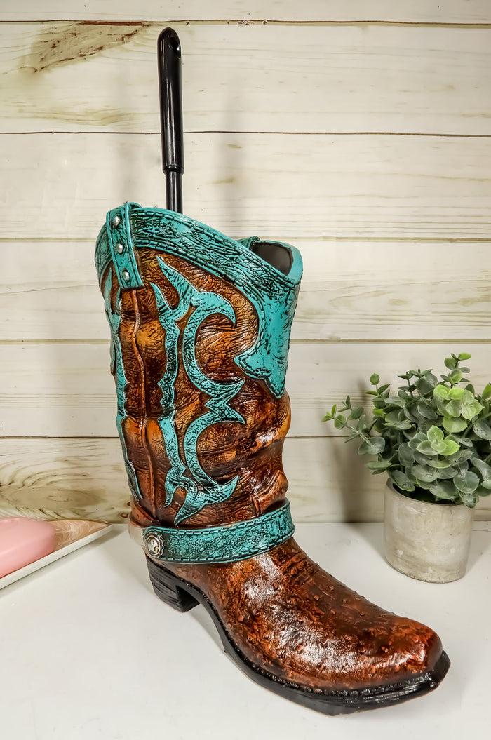Ebros Gift Ebros Rustic Vintage Western Turquoise Faux Leather Cowboy Boot With Spur Toilet Bowl Cleaner Brush And Base Holder 16.5" Tall Bathroom Gift 2 Piece Set Cowboys Cowgirls Boots Accent Decor