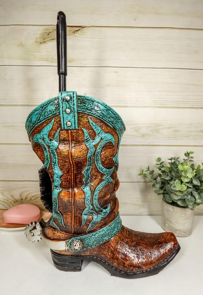 ebros gift Ebros Rustic Vintage Western Turquoise Faux Leather Cowboy Boot with Spur Toilet Bowl Cleaner Brush and Base Holder 16.5" Tall Bathroom Gift 2 Piece Set Cowboys Cowgirls Boots Accent Decor