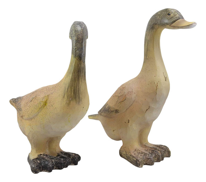 Ebros Gift Ebros Rustic Weathered Crackle Faux Wood Finish Pair Of Cottage Ducks Garden Statue Set 12.5" Tall Home Decor Country Farm Outdoors Lawn Patio Pool Pond Duck Mallard Figurines