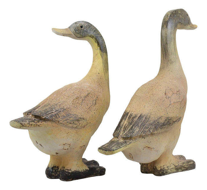 Ebros Gift Ebros Rustic Weathered Crackle Faux Wood Finish Pair Of Cottage Ducks Garden Statue Set 12.5" Tall Home Decor Country Farm Outdoors Lawn Patio Pool Pond Duck Mallard Figurines