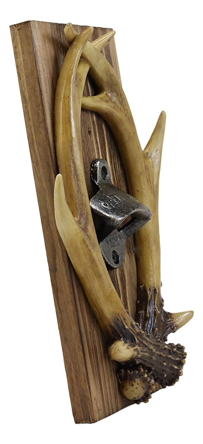 Ebros Gift Ebros Rustic Western Faux Entwined Hunter's Stag Deer Antlers Trophy Mounted On Wood Plank Soda Beer Bottle Cap Cast Metal Opener 10.75" High