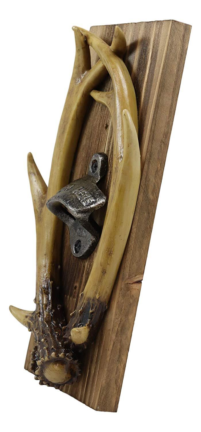 Ebros Gift Ebros Rustic Western Faux Entwined Hunter's Stag Deer Antlers Trophy Mounted On Wood Plank Soda Beer Bottle Cap Cast Metal Opener 10.75" High