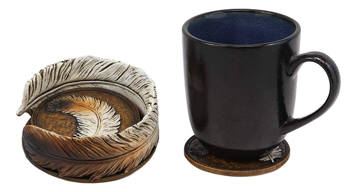 Ebros Gift Ebros Rustic Western Indian Eagle Feather Coaster Holder With 4 Round Coasters