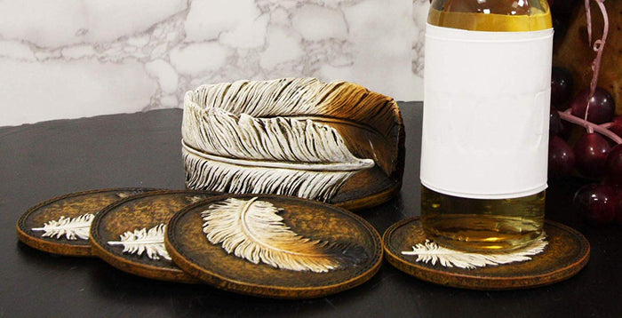 Ebros Gift Ebros Rustic Western Indian Eagle Feather Coaster Holder With 4 Round Coasters