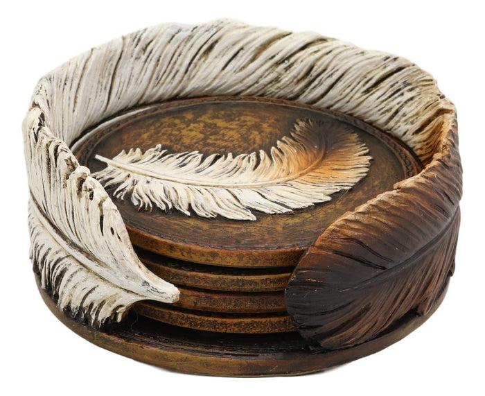 Ebros Gift Ebros Rustic Western Indian Eagle Feather Coaster Holder With 4 Round Coasters