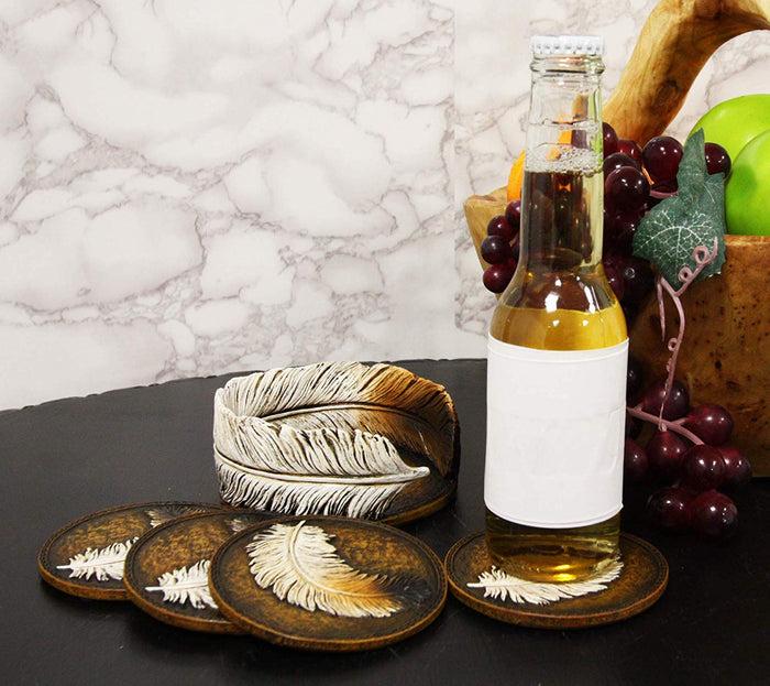 ebros gift Ebros Rustic Western Indian Eagle Feather Coaster Holder with 4 Round Coasters