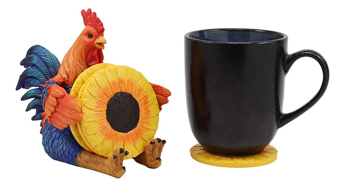 Ebros Gift Ebros Rustic Western Sitting Proud Rooster Coaster Set With 4 Sunflower Coasters