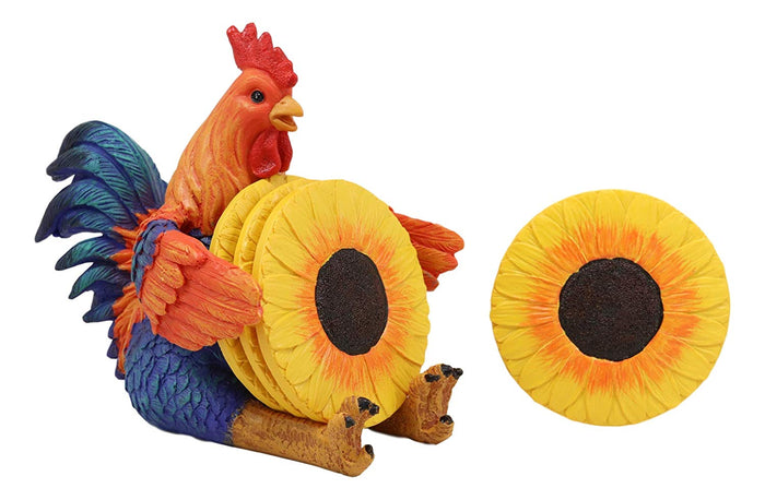 Ebros Gift Ebros Rustic Western Sitting Proud Rooster Coaster Set With 4 Sunflower Coasters