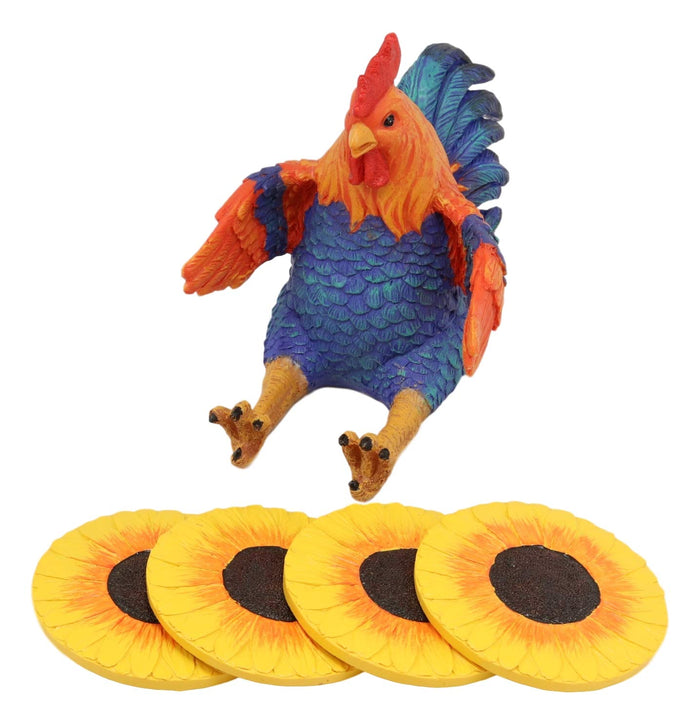 Ebros Gift Ebros Rustic Western Sitting Proud Rooster Coaster Set With 4 Sunflower Coasters