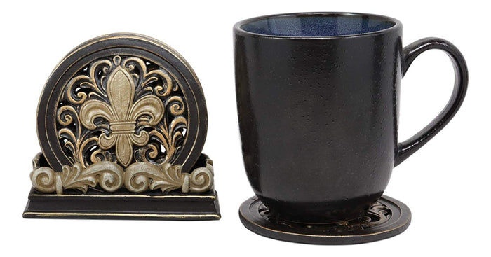 Ebros Gift Ebros Rustic Western Tuscany Fleur De Lis Crown Carved Scroll Art Coaster Holder With 4 Round Coasters Set In Faded Bronze Finish Home And Kitchen Dining Decorative Figurine Southwestern Creole Decor