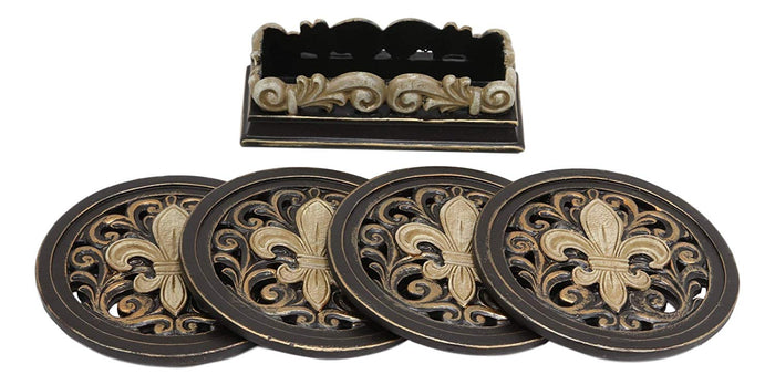 Ebros Gift Ebros Rustic Western Tuscany Fleur De Lis Crown Carved Scroll Art Coaster Holder With 4 Round Coasters Set In Faded Bronze Finish Home And Kitchen Dining Decorative Figurine Southwestern Creole Decor
