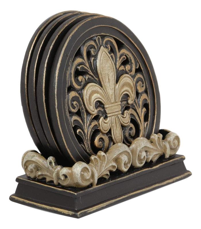 Ebros Gift Ebros Rustic Western Tuscany Fleur De Lis Crown Carved Scroll Art Coaster Holder With 4 Round Coasters Set In Faded Bronze Finish Home And Kitchen Dining Decorative Figurine Southwestern Creole Decor