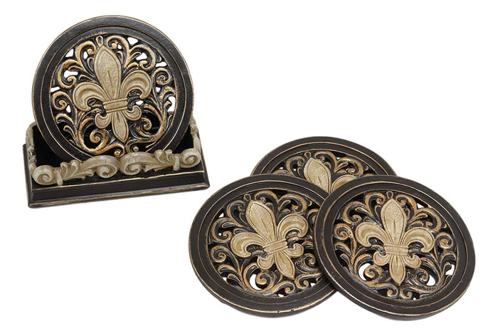 ebros gift Ebros Rustic Western Tuscany Fleur De Lis Crown Carved Scroll Art Coaster Holder with 4 Round Coasters Set in Faded Bronze Finish Home and Kitchen Dining Decorative Figurine Southwestern Creole Decor