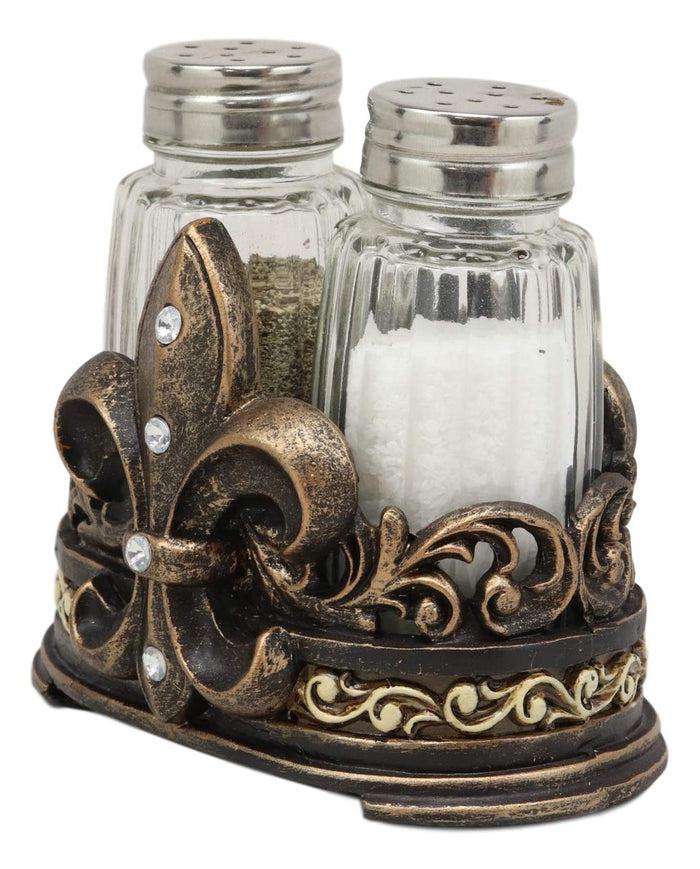 Ebros Gift Ebros Rustic Western Tuscany Fleur De Lis Crown Figurine Display Holder With Glass Salt And Pepper Shakers In Faded Bronze Finish Home And Kitchen Dining Decorative Statue Southwestern Creole Decor