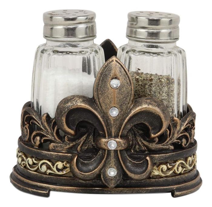 Ebros Gift Ebros Rustic Western Tuscany Fleur De Lis Crown Figurine Display Holder With Glass Salt And Pepper Shakers In Faded Bronze Finish Home And Kitchen Dining Decorative Statue Southwestern Creole Decor