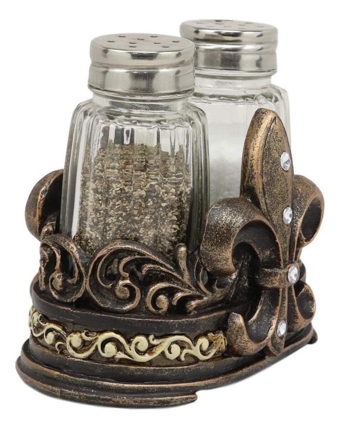 Ebros Gift Ebros Rustic Western Tuscany Fleur De Lis Crown Figurine Display Holder With Glass Salt And Pepper Shakers In Faded Bronze Finish Home And Kitchen Dining Decorative Statue Southwestern Creole Decor